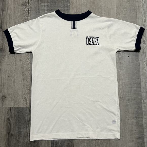 Vintage 1980s USAFA Air Force Academy Ringer T Shirt White Military Size S - Picture 1 of 4